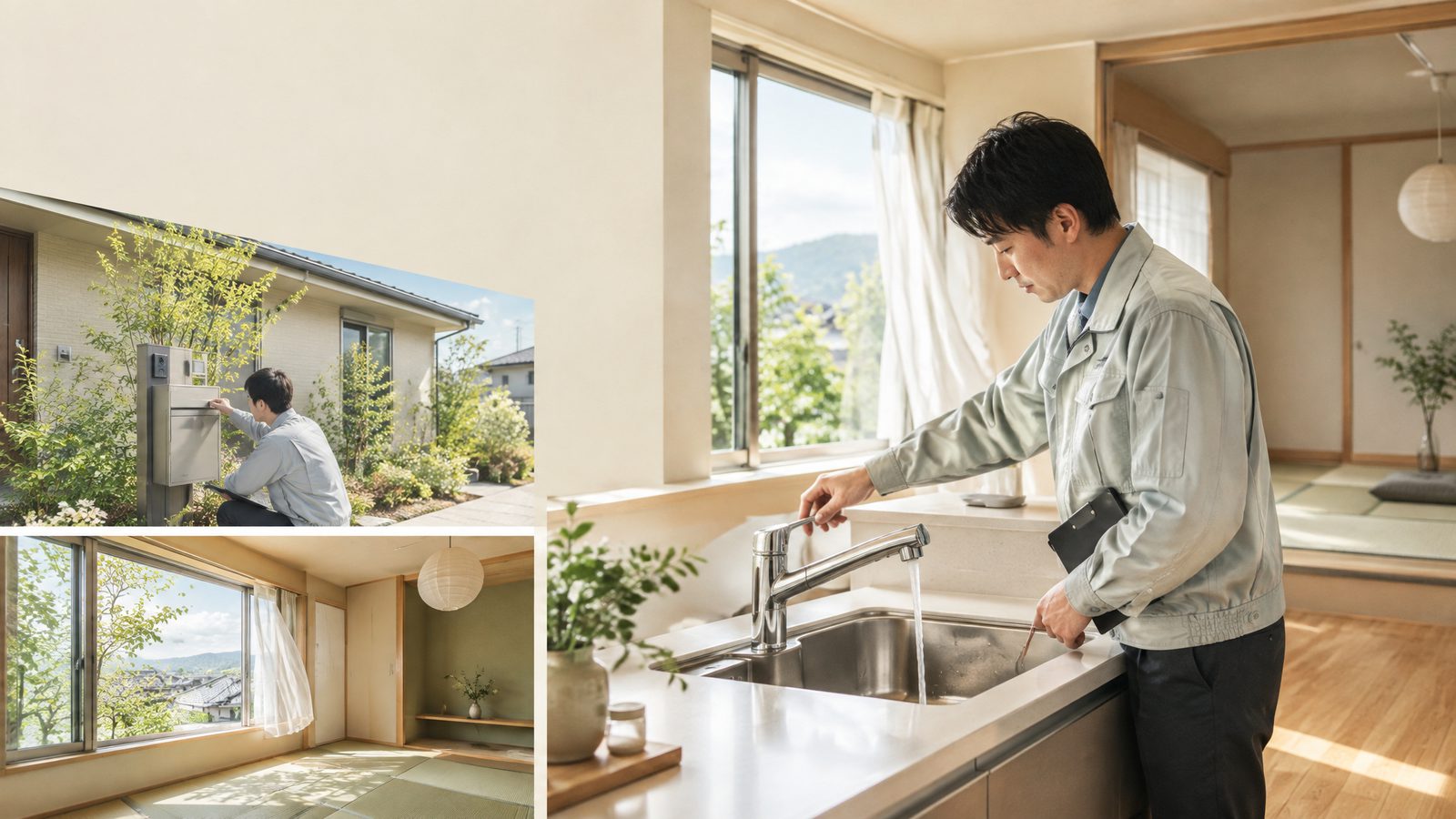 屋外の水道メーターの止水栓を確認している様子