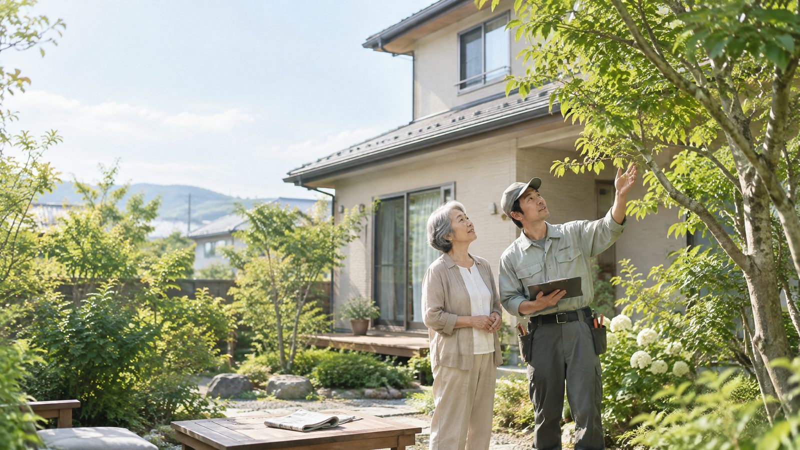 庭の木を見上げて、剪定について相談する様子