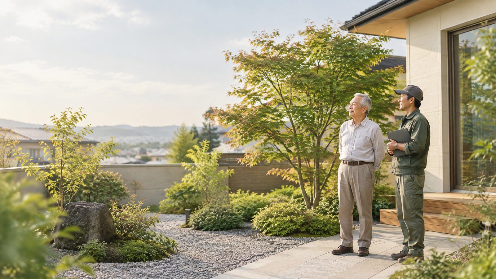 庭木を見上げながら、これからの手入れを相談する様子