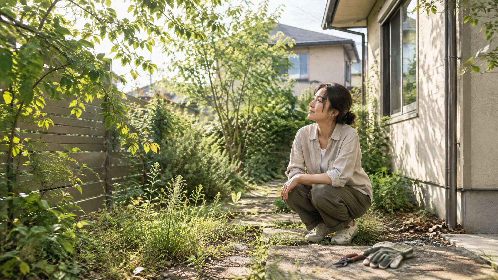 草木が伸びた庭にしゃがみ、手入れの手を止めて見上げる人